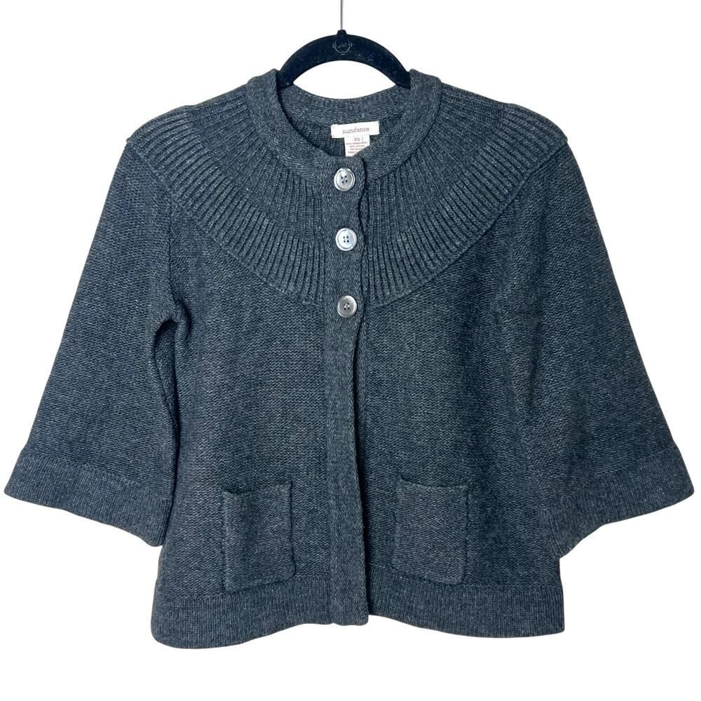 Sundance Charcoal Gray Cardigan Swing Sweater Lambs Wool 3/4 Sleeve Sz XS